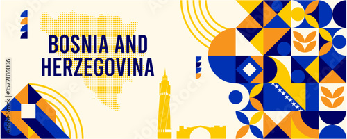 Colorful Geometric Bosnia, Herzegovina Banner with Cultural Symbols and Flag Elements