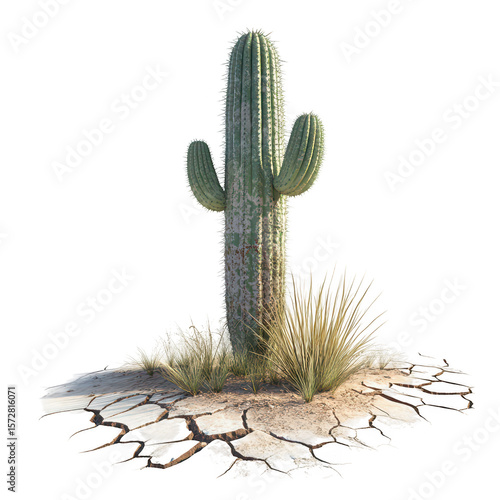 Majestic saguaro cactus with desert grasses on cracked earth isolated on transparent background