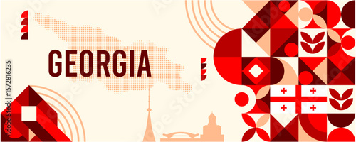 Colorful Geometric Georgia Banner with Cultural Symbols and Flag Elements