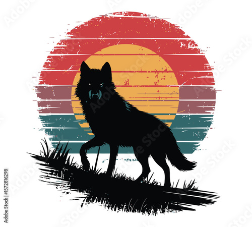 A silhouette of a wolf standing on grass against a retro sunset Vector illustration t-shirt design