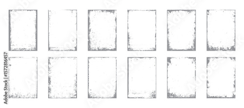 Grunge rectangle frame pack with distressed border textures. Vintage overlay design elements on white background. Dirty rough edge graphic collection.

