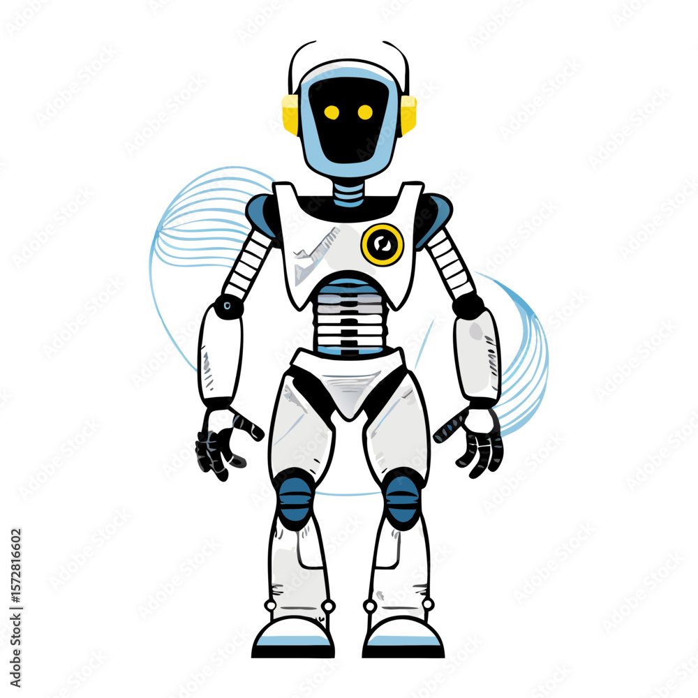 Friendly robotic character standing with a futuristic design Friendly robotic character standing with a futuristic design