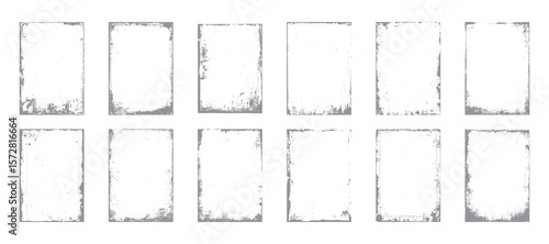 Distressed grunge border texture pack with rectangular vintage frames. Abstract rough edge overlay set on white background. Worn dirty artistic template.
