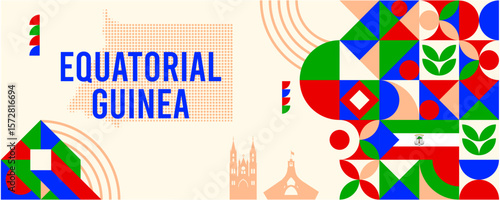 Colorful Geometric Equatorial, Guinea Banner with Cultural Symbols and Flag Elements
