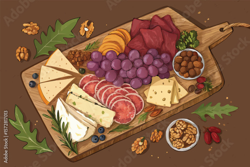 A detailed vector illustration of a charcuterie board brimming with meats.