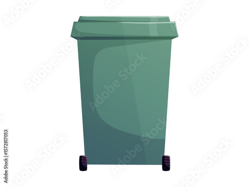Cartoon green garbage container isolated on white, waste bin illustration ideal for sanitation, recycling, eco campaigns, street cleaning, and environmental design projects.