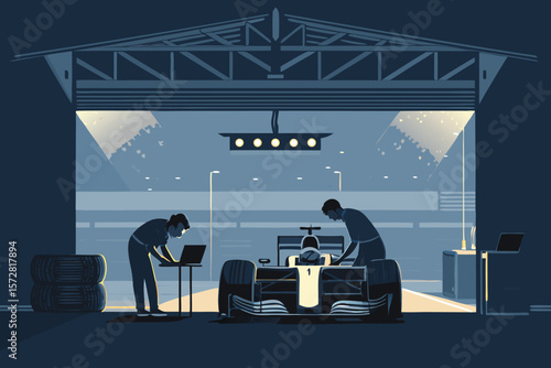 F1 engineers service race cars in a detailed vector garage illustration.