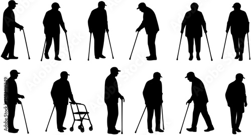 Elderly senior people with walking aid silhouette set collection. Young person helping senior person with walking aids vector silhouette set.
