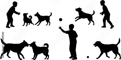 Boy playing with group of dogs outdoor vector silhouettes.
