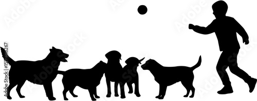 Boy playing with group of dogs outdoor vector silhouettes.
