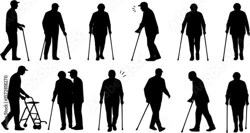 Elderly senior people with walking aid silhouette set collection. Young person helping senior person with walking aids vector silhouette set.
