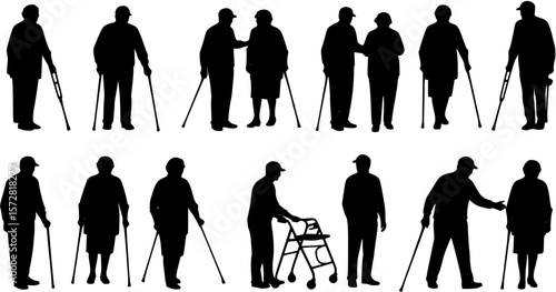 Elderly senior people with walking aid silhouette set collection. Young person helping senior person with walking aids vector silhouette set.
