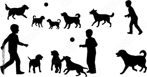 Boy playing with group of dogs outdoor vector silhouettes.
