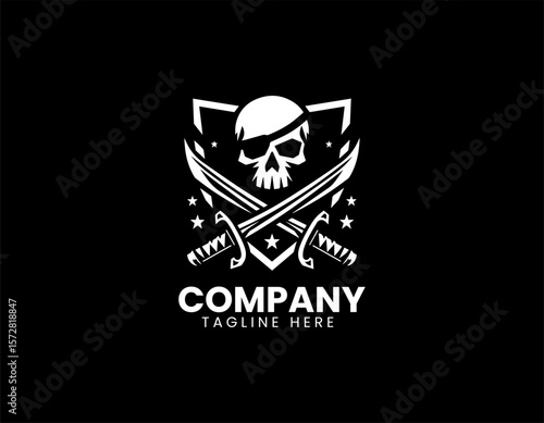 Intimidating Pirate Skull Emblem Crossed Swords Maritime Adventure Vector Logo Design