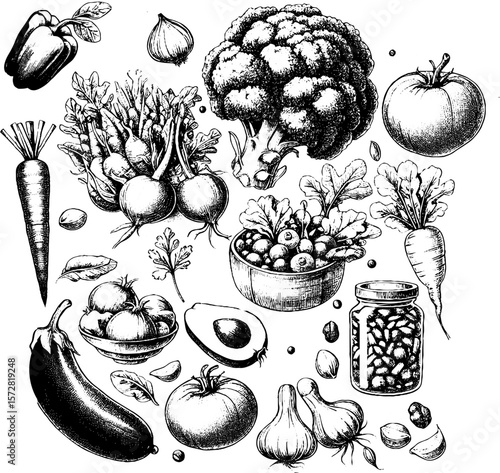 Hand-drawn black and white vegetables and legumes in various shapes  