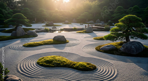 A meticulously raked Zen garden featuring patterned gravel, various rocks, and patches of green moss, bathed in soft sunlight