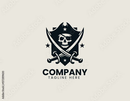 Intimidating Pirate Skull Emblem Crossed Swords Maritime Adventure Vector Logo Design