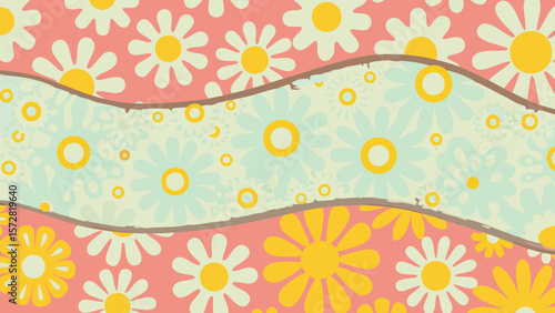 Retro floral pattern with wavy bands of pink and blue daisy designs and yellow centers design exactly