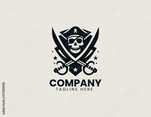 Intimidating Pirate Skull Emblem Crossed Swords Maritime Adventure Vector Logo Design