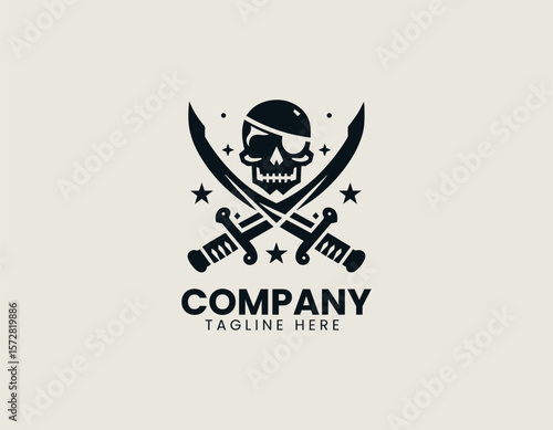 Intimidating Pirate Skull Emblem Crossed Swords Maritime Adventure Vector Logo Design