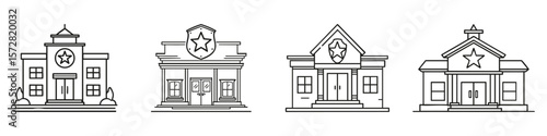 Police Station Building Icons Set. Law Enforcement And Security Concept Collection. Isolated Vector Illustration