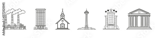 Industrial, Residential, Religious, And Hospitality Buildings Set. Urban Architecture And Infrastructure Collection. Isolated Vector Illustration