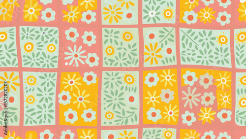Floral pattern with daisies and stylized leaves in blocks of yellow green and pink colors scheme