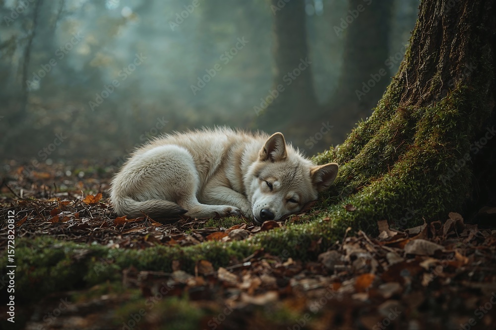 Obraz premium A light colored wolf curled up asleep at the base of a tree in a foggy forest setting outdoors