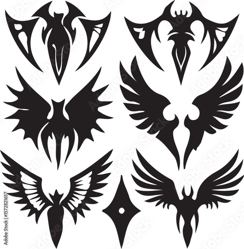 "Set of 8 Black Tribal Winged and Symbolic Designs".
