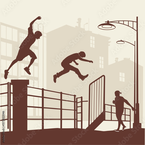 Silhouetted figures performing parkour jumps over urban obstacles in a cityscape environment scene