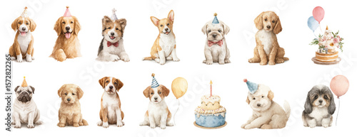 Big set of funny birthday dogs, vector, watercolor illustrations. Vector clip art elements, ready to print. Perfect for banners, decoration, patterns, stickers, invitation, card, wallpapers, textile