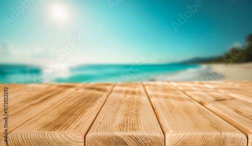 Fototapeta Naklejka Na Ścianę i Meble -  Empty rustic wooden table with copy space on sandy beach and sea and sky background. The image captures the essence of sunny summer day by the coast, evoking feelings of relaxation and calmness.