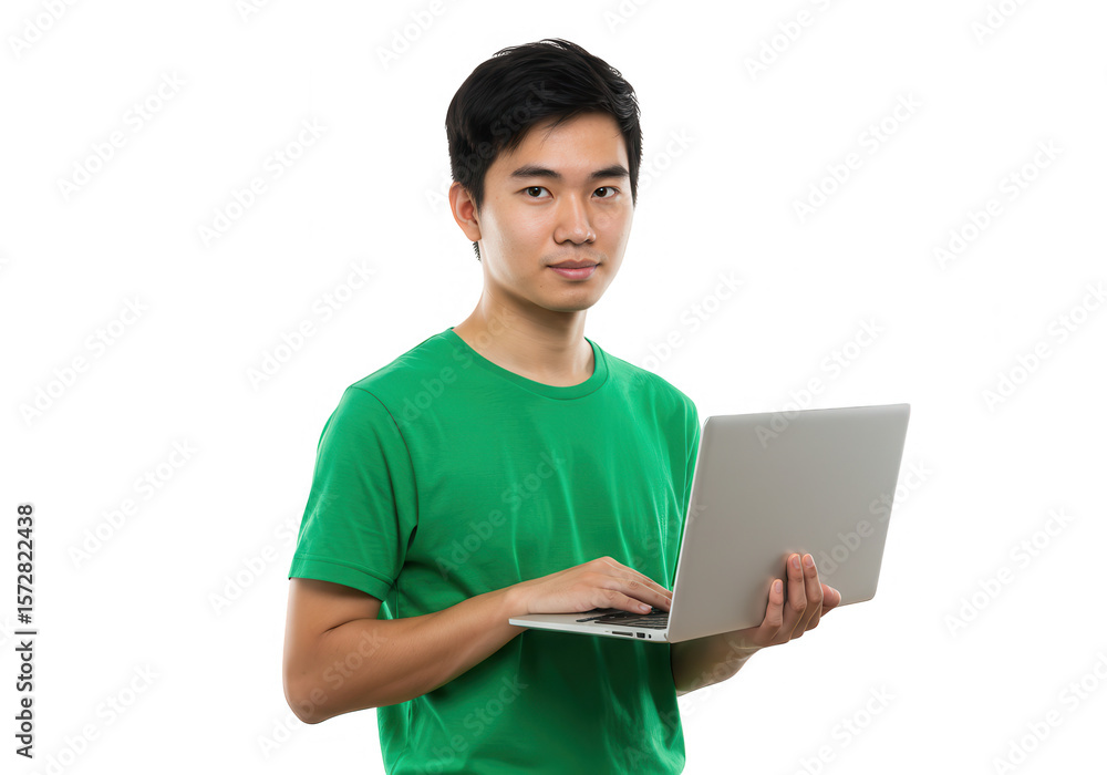 Young asian man is holding a laptop computer while standing on a transparent background Young asian man is holding a laptop computer while standing on a transparent background