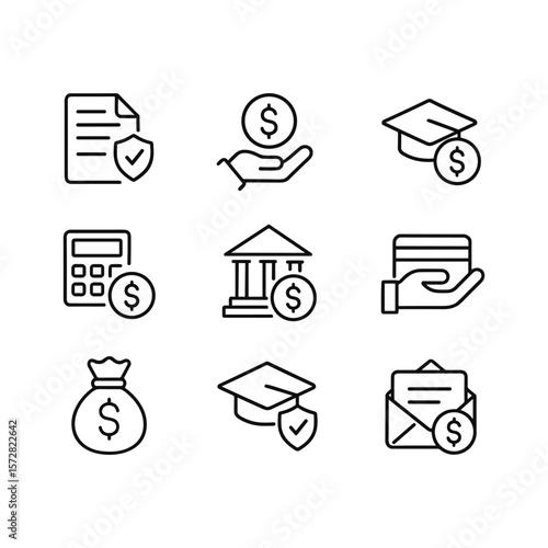 Financial assistance icons collection. Outline symbols. Line design
