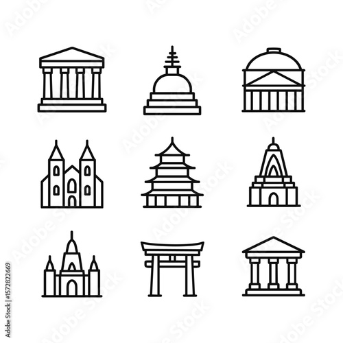 Sacred architecture vector icons. Outline symbols. Line design