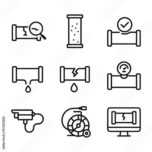 Pipeline inspection vector icons. Outline symbols. Line design