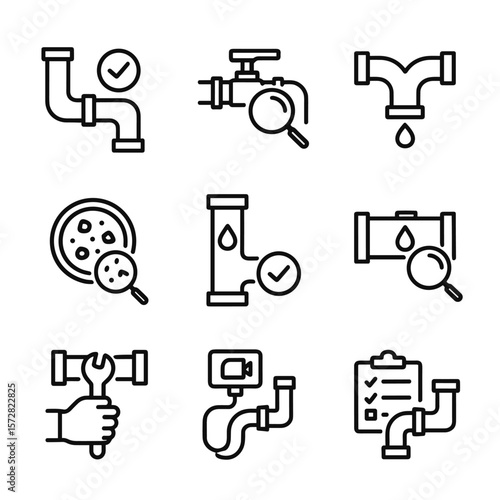 Pipeline maintenance vector icons. Outline symbols. Line design