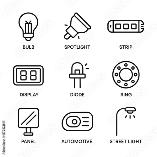 LED light vector icons collection. Outline symbols. Line design