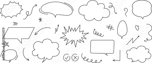 Hand-drawn speech bubbles, arrows, symbols and doodles. Perfect for comics, social media, annotations, notes and playful design projects. Vector EPS 10