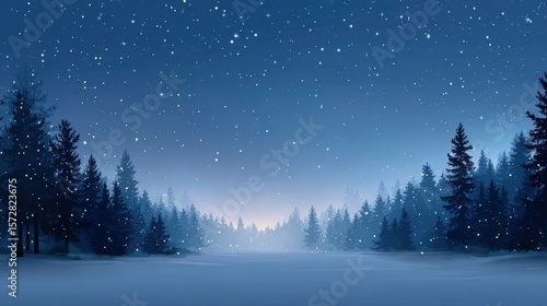 Snow-covered forest under a clear, starry night sky with dark silhouettes of trees.
