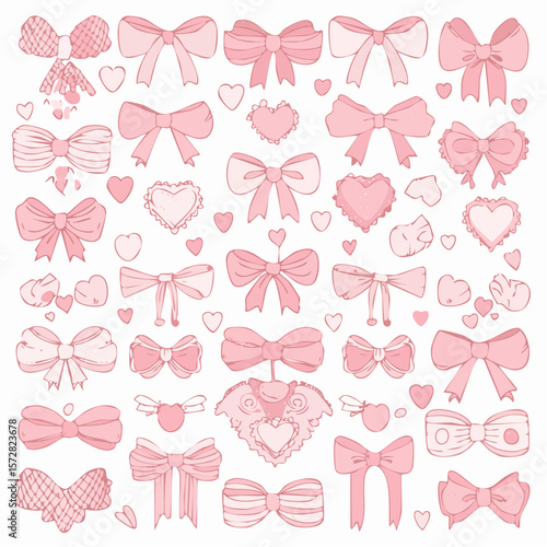 Set of cute coquette bows, ribbons, patches, flowers, cherry, hearts, angels. Elegant vintage cliparts in pastel pink color. Hand drawn line art girly decor. Vector illustrations