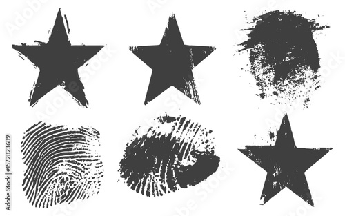 Grunge star set with black distressed texture for vintage design, Black grunge stars with worn texture set for retro graphics, Distressed black star vector set with grunge style elements