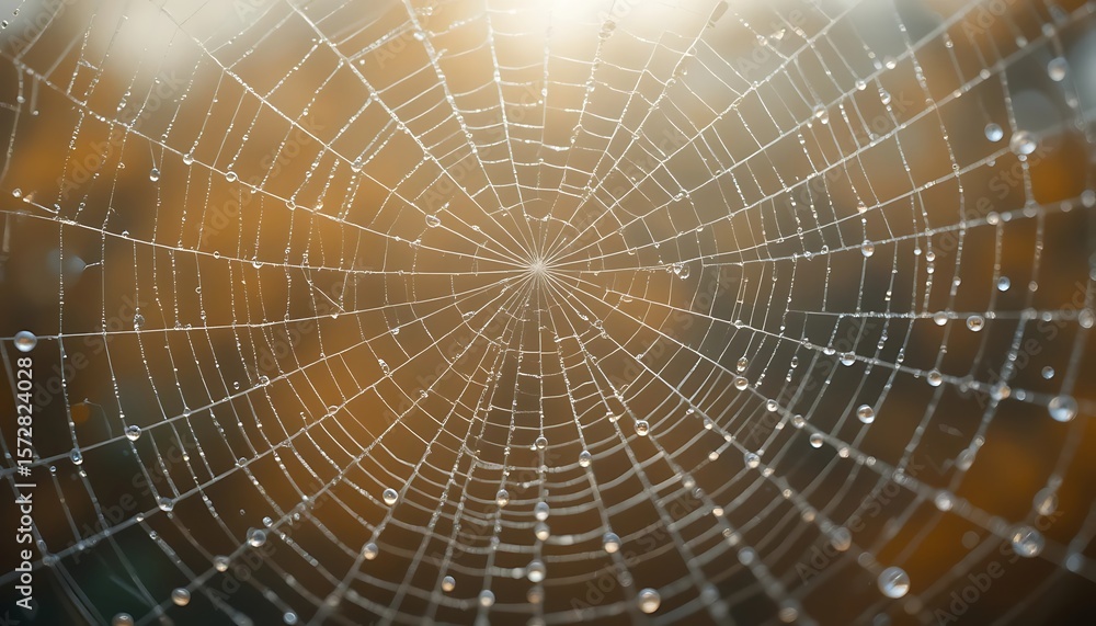 Obraz premium Intricate spider web covered in sparkling dew drops on a warm autumn morning