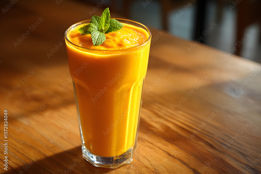 Refreshing orange smoothie in a glass, topped with fresh mint on a wooden table. Refreshing orange smoothie in a glass, topped with fresh mint on a wooden table.