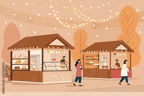 Vector mall scene with cozy shopping areas and small shops.