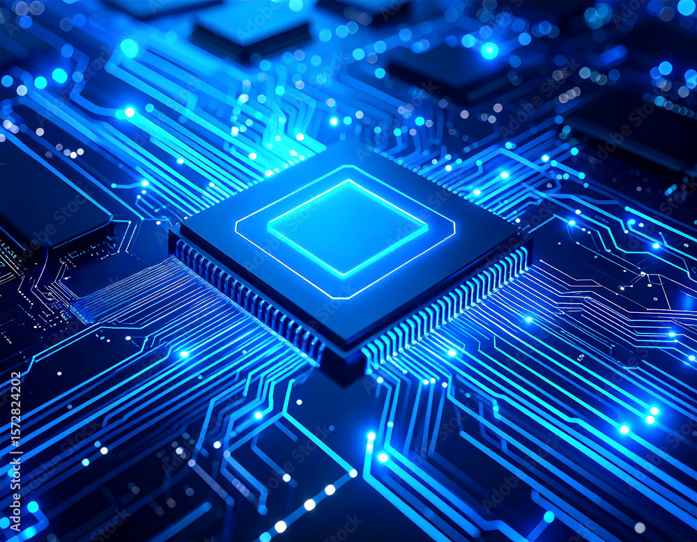 Artificial intelligence circuit board glowing in the dark, neon lights Artificial intelligence circuit board glowing in the dark, neon lights