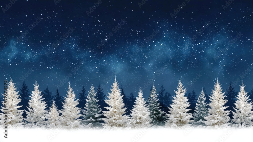 Naklejka premium Snow-covered trees in a dense forest under a clear, star-filled night sky.