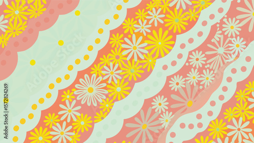 Floral pattern with light green scalloped borders and yellow and white flowers in diagonal bands