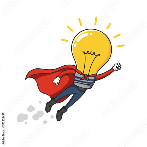 Cartoon superhero with a lightbulb head flies cape billowing leaving a trail of smoke