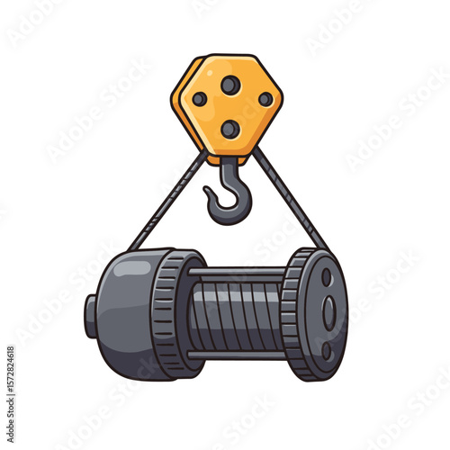 A yellow hook suspends a gray winch with a black cable coil